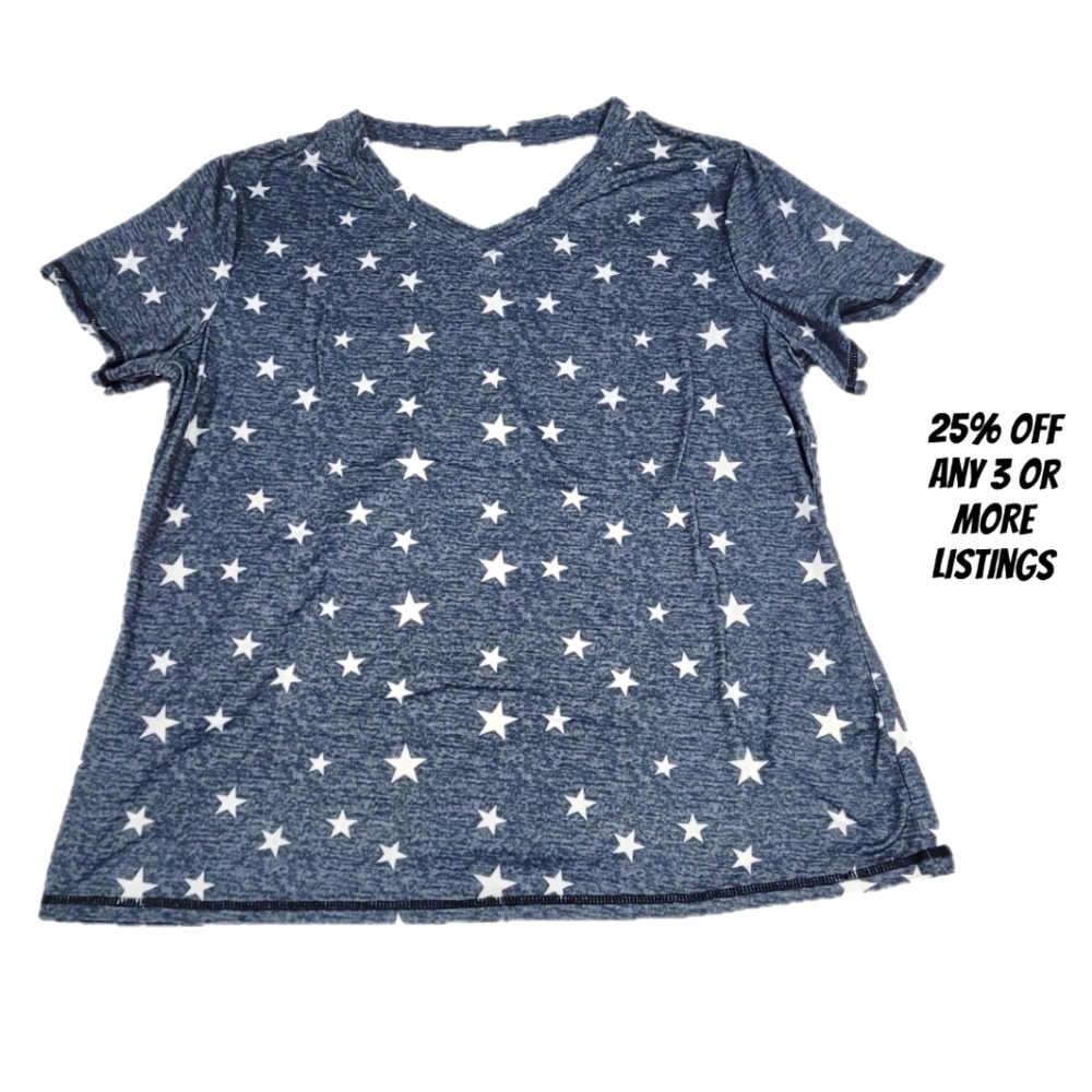 Blue Star Print T-Shirt Size Large Vneck Short Sleeve Graphic Print